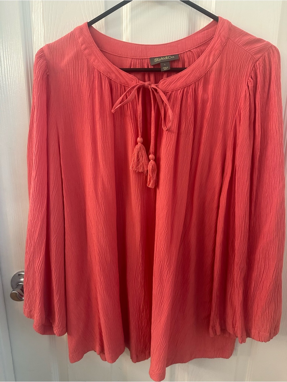 Style & Co. Coral Tie-Neck Tassel Peasant Tunic